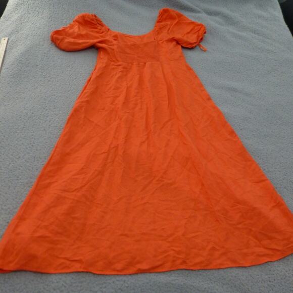 Loft Dress Womens 10 Orange Smocked Puff Sleeves Linen Blend Slit Long - Picture 2 of 10